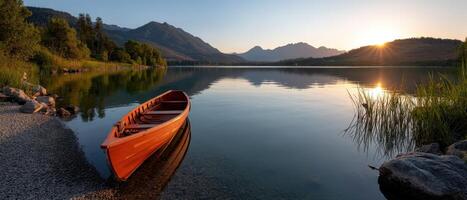 Tranquil Lake Reflections at Sunrise Nature Background Copyspace Peaceful Landscape View photo