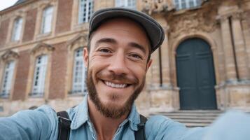 Joyful Man Taking a Selfie in Front of Historic Architecture Friendly Background Copyspace photo