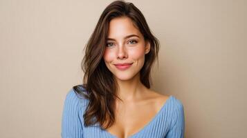 Elegant Portrait of a Young Woman with Copyspace Background in a Warm Inviting Environment photo