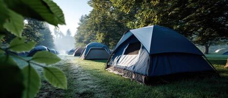 Tranquil Camping Experience at Dawn Tents in Nature Background with Copyspace photo