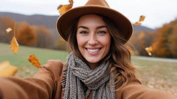 Bohemian Style Woman with Floppy Hat in Autumn Field Smiling Background Copyspace photo