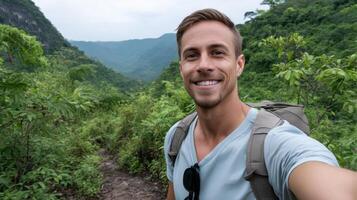 Smiling Outdoorsy Man Taking a Selfie on a Hiking Trail Lush Green Background Copyspace photo