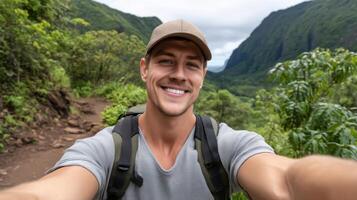 Smiling Hiker Taking Selfie in Lush Green Mountains Outdoor Adventure with Background Copyspace photo