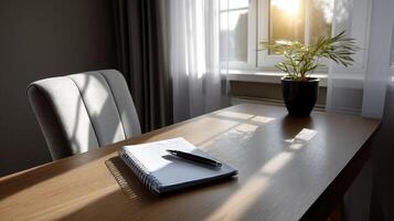Serene Home Office Environment with Clean Background and Copyspace Sunlit Workspace Calm Vibe photo