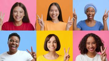 A joyful collection of diverse individuals expresses happiness with V gestures, showcasing their excitement and positivity against colorful backdrops, representing victory and unity. video