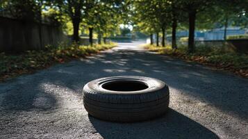 Quiet Tire on Abandoned Road Nature Background Serene Landscape with Copyspace photo