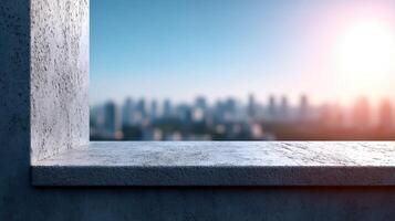 Sunlit Concrete Wall with City Background Copyspace for Content Creation photo
