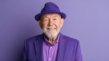 Joyful Elderly Man in Stylish Urban Outfit Vibrant Background Copyspace Portrait photo