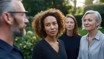 Diverse Business Professionals Engaging in Discussion Outdoors Nature Background Copyspace Available photo