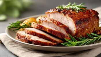 Sliced Roast Pork Dish Elegant Kitchen Setting Food Photography Background with Copyspace photo