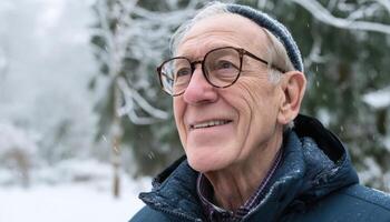 Joyful Elderly Man Chuckling at Children Playing in Snowy Background Copyspace Available photo