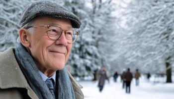 Cheerful Old Man with Glasses Watching Children Play in Snowy Park Background Copyspace photo