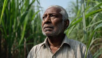 Elderly Indian Farmer Portrait Sugarcane Field Image with Background and Copyspace Rural Setting photo