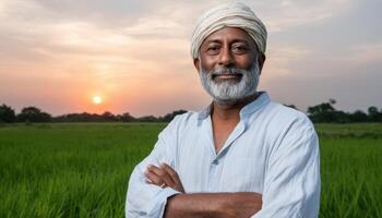 Sunset Reflection of a Seasoned Indian Farmer in Green Fields Background Copyspace photo