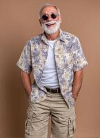 Cheerful Older Gentleman in Floral Shirt Studio Background Portrait View Copyspace for Text photo