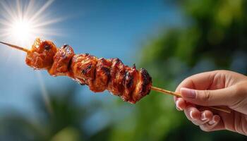 Grilled Chicken Skewers in Hand Against Nature Background with Copyspace for Food Lovers photo