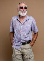 Cheerful Older Gentleman Smiling Studio Background Portrait Photography Warm Environment Friendly Copyspace photo