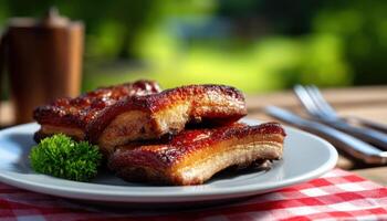 Crispy Roast Pork Skin Closeup Outdoor Setting Food Photography Bright Background Copyspace photo