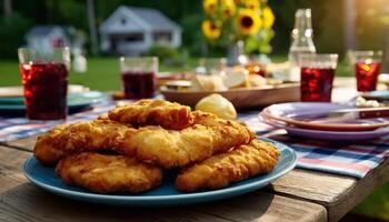 Summer Backyard Barbecue Feast with Crispy Chicken Platter Sunny Garden Copyspace Background photo