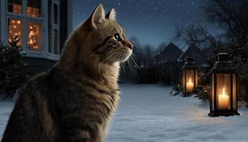 Curious Fluffy Tabby Cat Gazing in Snowy Background with Copyspace Winter Evening Scene photo