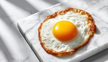 Fried Egg with Crispy Edges on Marble Background Food Photography Modern Kitchen Copyspace photo