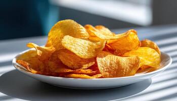 Crispy Potato Chips Stack on Plate Bright Kitchen Food Photography Minimalist Background Copyspace photo