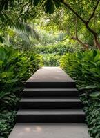 Narrow Black Podium in Sunlit Garden Background with Copyspace for Creative Use photo