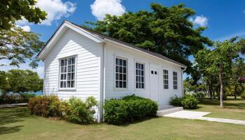 Charming White House Against Clear Blue Sky Landscape Background Copyspace Serene Environment photo
