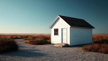 Serene White House in Open Field Clear Blue Sky Background Copyspace Ideal for Tranquil Scenes photo