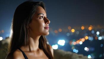 Indian Woman Silhouette at Night Overlooking Cityscape Serenity Background Copyspace photo