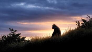 Solitary Chimpanzee Silhouette on Hillside at Sunset Nature Background Copyspace for Reflection photo