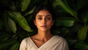 Tranquil Portrait of an Indian Woman Singing Amidst Lush Green Leaves Background Copyspace photo