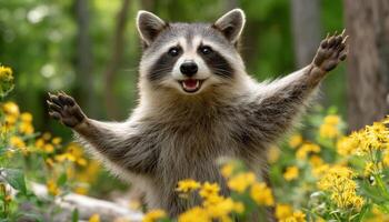 Playful Raccoon Balancing on Hind Legs in a Vibrant Nature Background photo