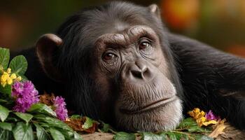 Expressive Chimpanzee Resting in Sunlit Garden Nature Photography Copyspace Background photo