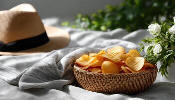Picnic Scene with Crispy Potato Chips Outdoor Setting Food Photography Soft Background Copyspace photo