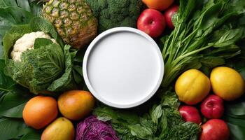 Fresh Farm Produce with Blank White Sign Nature Background Copyspace for Marketing photo