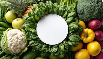 Vibrant Fresh Vegetables and Fruits with Blank White Sign Background Copyspace Farm Fresh Setting photo