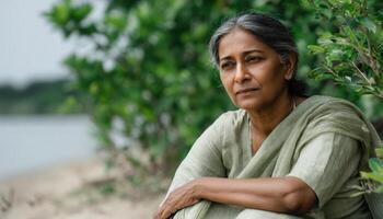 Charming Indian Woman by Sandy Riverbank with Background and Copyspace for Tranquil Lifestyle Shot photo