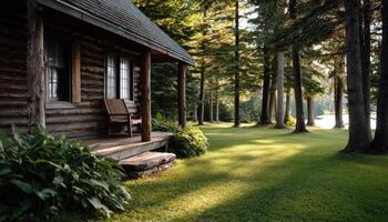 Serene Log Cabin Retreat by the Lake Afternoon Sunlight Nature Background Copyspace photo