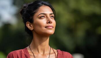 Sunlit Portrait of a Modern Indian Woman Practicing Yoga in Nature with Background Copyspace photo