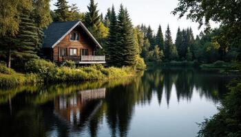 Tranquil Log Cabin Retreat by the Lake Afternoon Sunlight Nature Background Copyspace photo