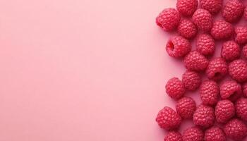 Top View of Fresh Raspberries on Pink Background with Copyspace for Creative Use photo