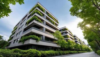 Eco-Friendly Apartment Complex with Vertical Gardens Urban Background Copyspace Modern View photo