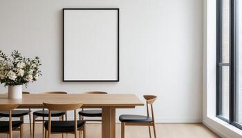 Contemporary Dining Room with Empty Vertical Frame Background Copyspace Modern Aesthetic Focus photo