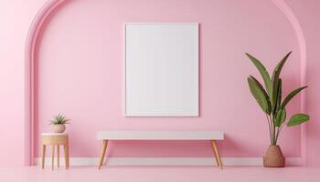 Elegant Minimalist Interior with Seamless Poster Pink Wall Background Stylish Copyspace photo