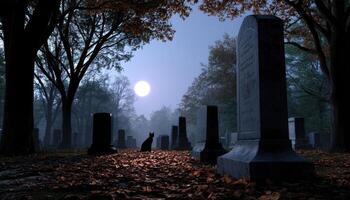 Misty Twilight Graveyard with Ancient Tombstones Background Copyspace Eerie Atmosphere photo