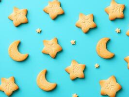 Whimsical Star-Shaped Cookies Display Blue Background Food Photography Playful Environment Copyspace photo