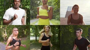 A collection of individuals of different backgrounds is seen running in a lush green environment. Their workouts showcase a commitment to fitness and a healthy lifestyle. video