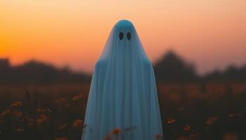 Ghostly Figure in White Cloak at Dusk Chilling Portrait Background with Copyspace photo