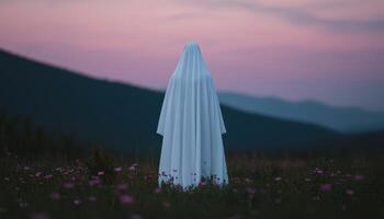 Ghostly Figure in White Cloak Serene Landscape Atmospheric Image Soft Background Copyspace photo